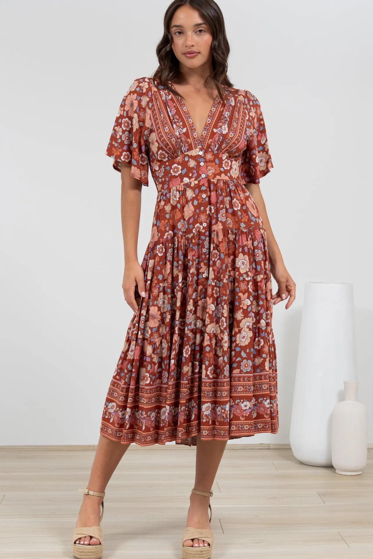 Sammy Midi Dress - V-Neck Buttoned Down with Bell Sleeves in Anissa Print Rust>Salty Crush Online