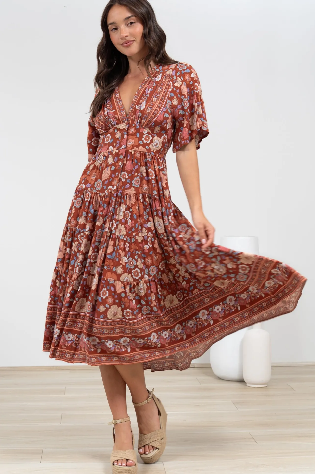 Sammy Midi Dress - V-Neck Buttoned Down with Bell Sleeves in Anissa Print Rust>Salty Crush Online