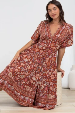 Sammy Midi Dress - V-Neck Buttoned Down with Bell Sleeves in Anissa Print Rust><noscript><img width=