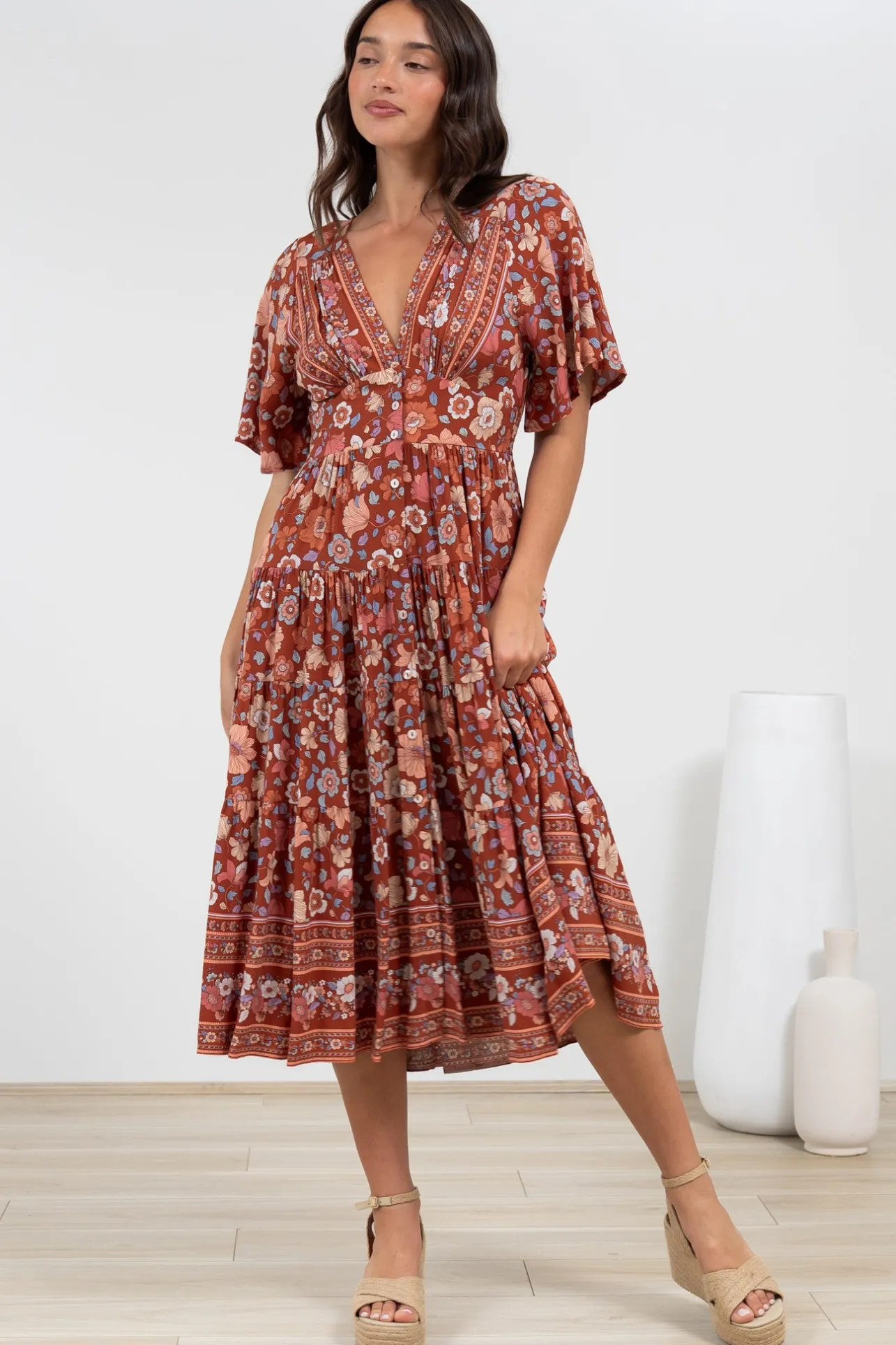 Sammy Midi Dress - V-Neck Buttoned Down with Bell Sleeves in Anissa Print Rust>Salty Crush Online