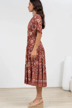 Sammy Midi Dress - V-Neck Buttoned Down with Bell Sleeves in Anissa Print Rust><noscript><img width=
