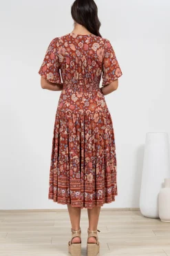Sammy Midi Dress - V-Neck Buttoned Down with Bell Sleeves in Anissa Print Rust><noscript><img width=