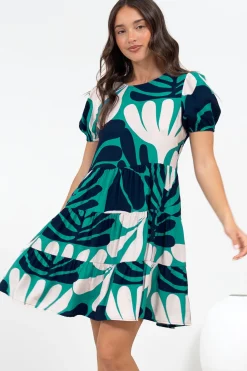 Samson Mini Dress - Crew Neck Tiered Dress with Short Sleeves in Mystic Print><noscript><img width=