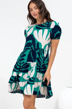Samson Mini Dress - Crew Neck Tiered Dress with Short Sleeves in Mystic Print><noscript><img width=