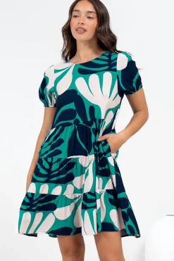 Samson Mini Dress - Crew Neck Tiered Dress with Short Sleeves in Mystic Print><noscript><img width=