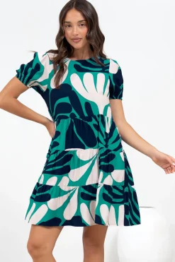Samson Mini Dress - Crew Neck Tiered Dress with Short Sleeves in Mystic Print><noscript><img width=