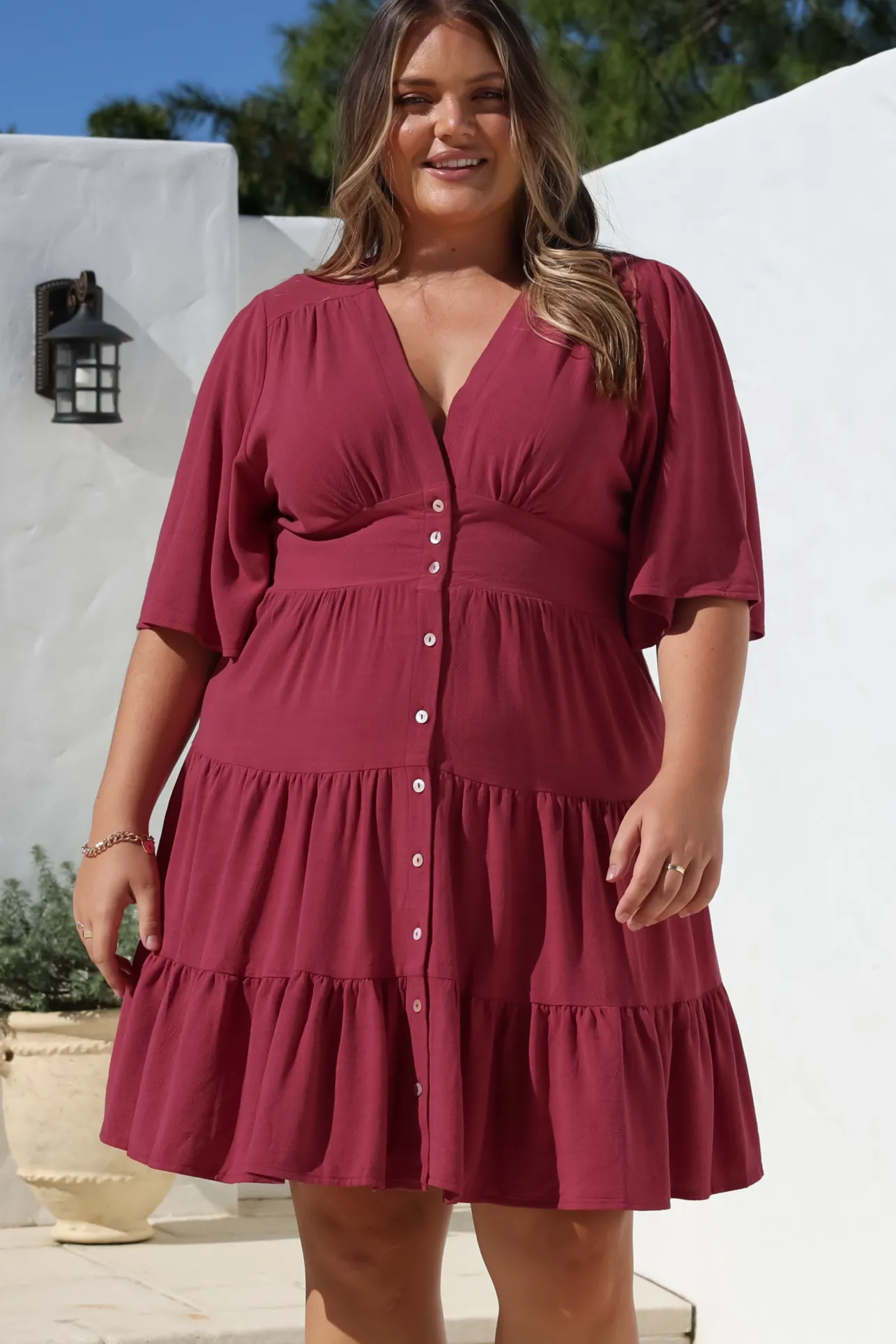 Sana Mini Dress - Bell Sleeve Button Down V Neck Dress in Berry>Salty Crush Online