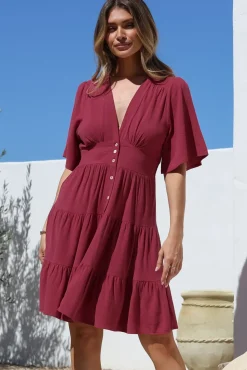 Sana Mini Dress - Bell Sleeve Button Down V Neck Dress in Berry><noscript><img width=