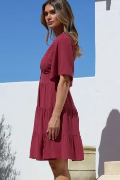Sana Mini Dress - Bell Sleeve Button Down V Neck Dress in Berry><noscript><img width=