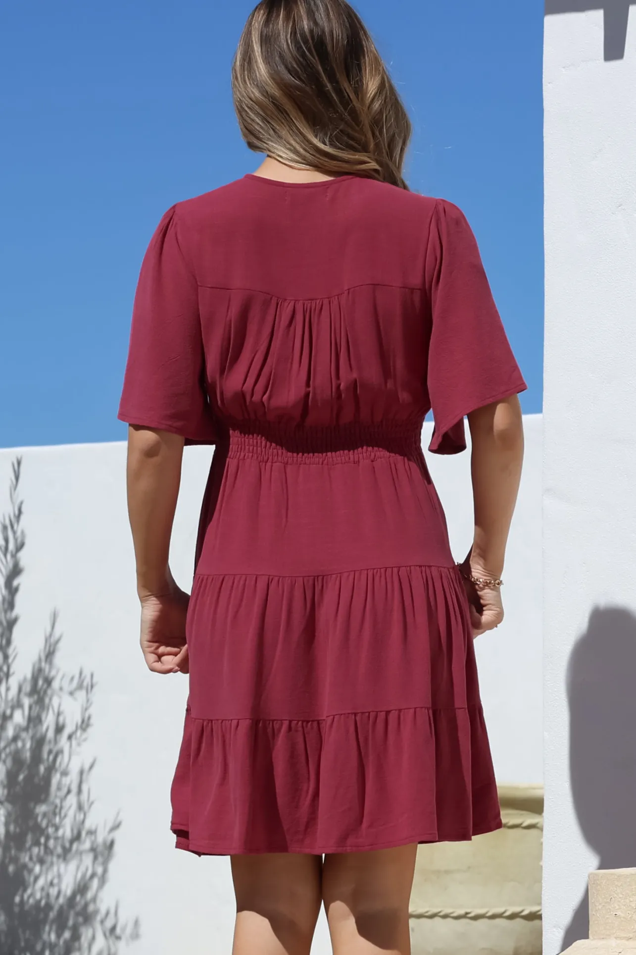 Sana Mini Dress - Bell Sleeve Button Down V Neck Dress in Berry>Salty Crush Online