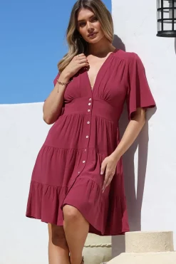Sana Mini Dress - Bell Sleeve Button Down V Neck Dress in Berry><noscript><img width=