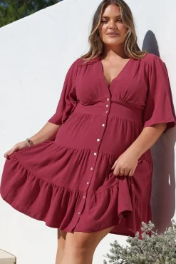 Sana Mini Dress - Bell Sleeve Button Down V Neck Dress in Berry><noscript><img width=