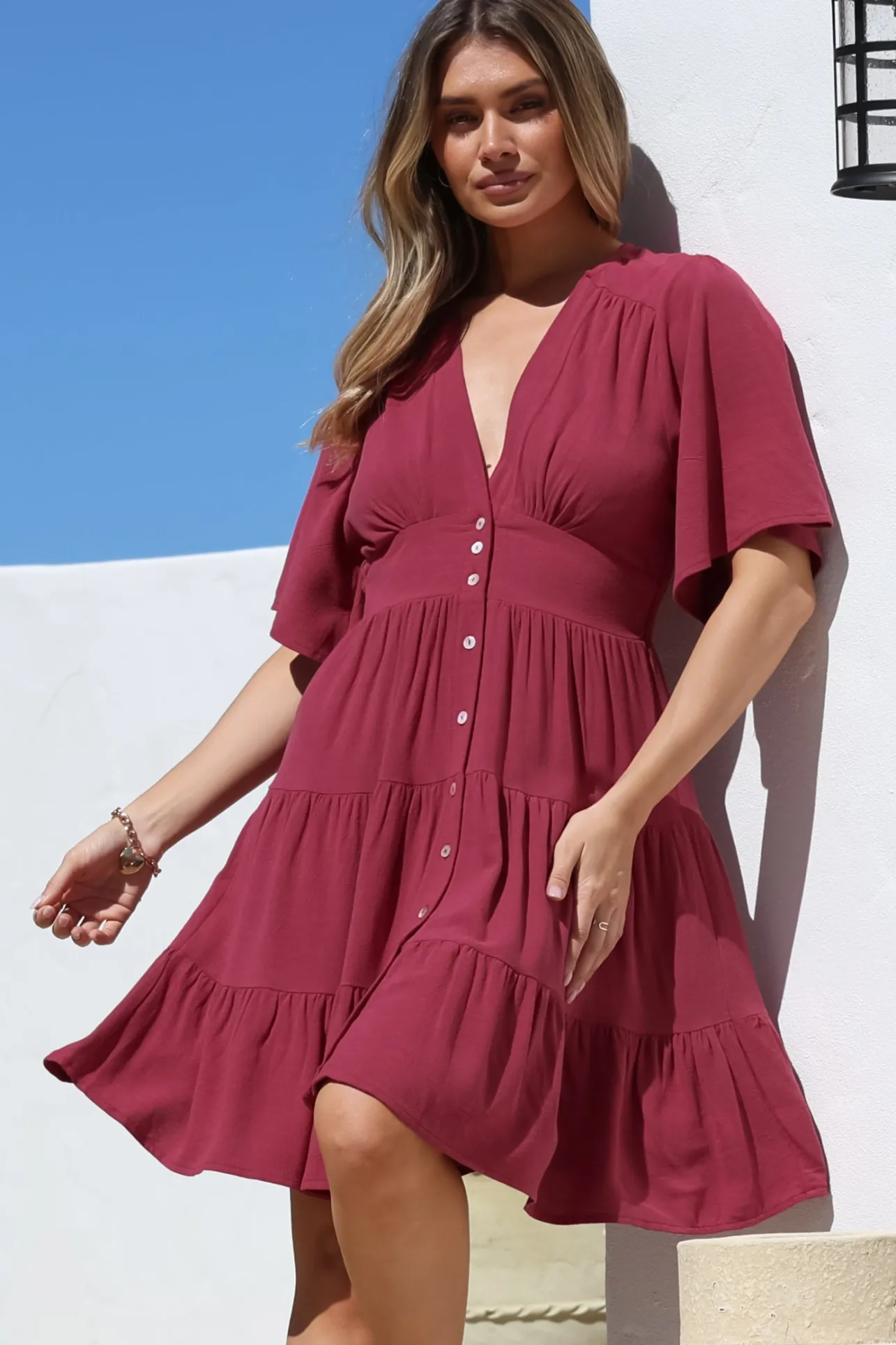 Sana Mini Dress - Bell Sleeve Button Down V Neck Dress in Berry>Salty Crush Online