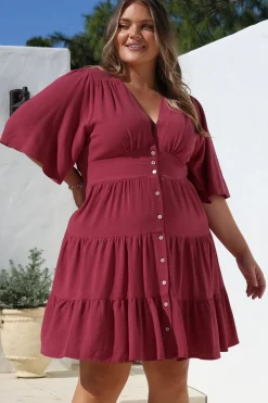 Sana Mini Dress - Bell Sleeve Button Down V Neck Dress in Berry><noscript><img width=