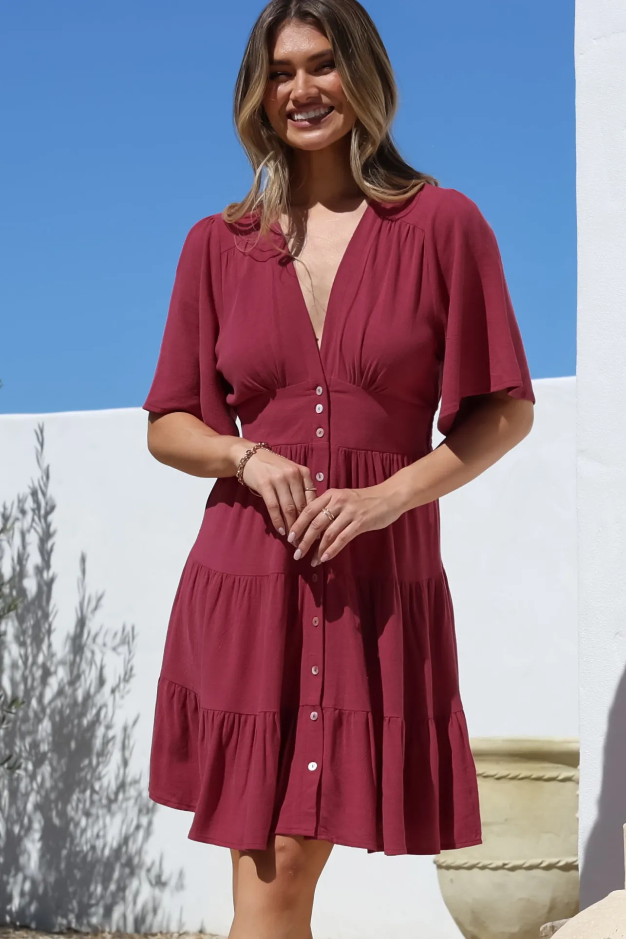 Sana Mini Dress - Bell Sleeve Button Down V Neck Dress in Berry>Salty Crush Online