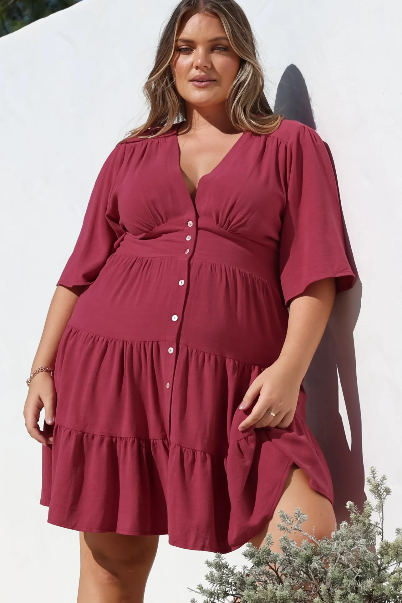 Sana Mini Dress - Bell Sleeve Button Down V Neck Dress in Berry>Salty Crush Online