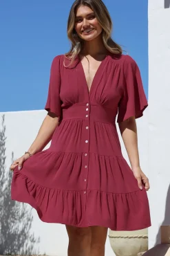 Sana Mini Dress - Bell Sleeve Button Down V Neck Dress in Berry><noscript><img width=