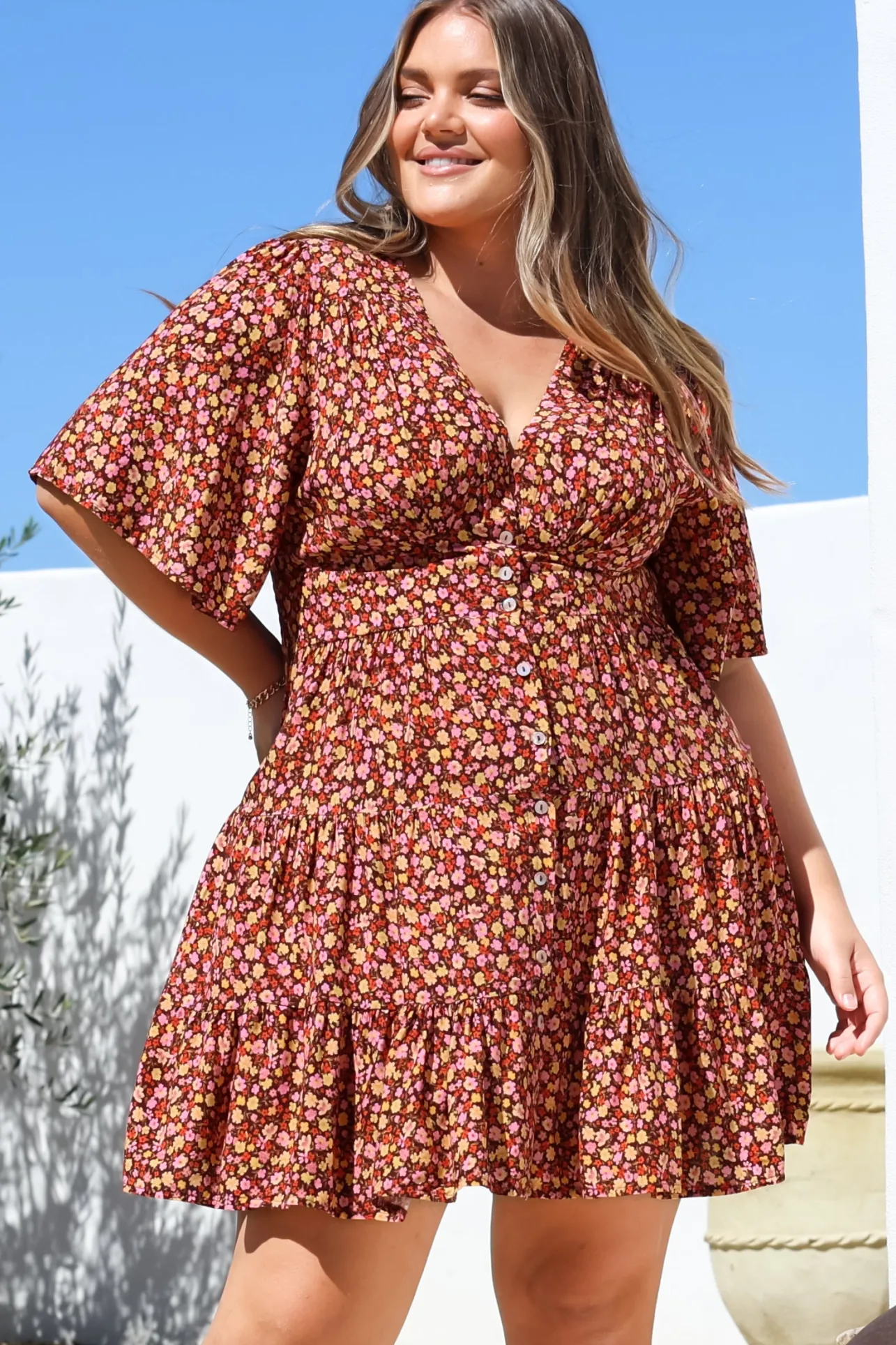 Sana Mini Dress - Bell Sleeve Button Down V Neck Dress in Rosina Print>Salty Crush Online
