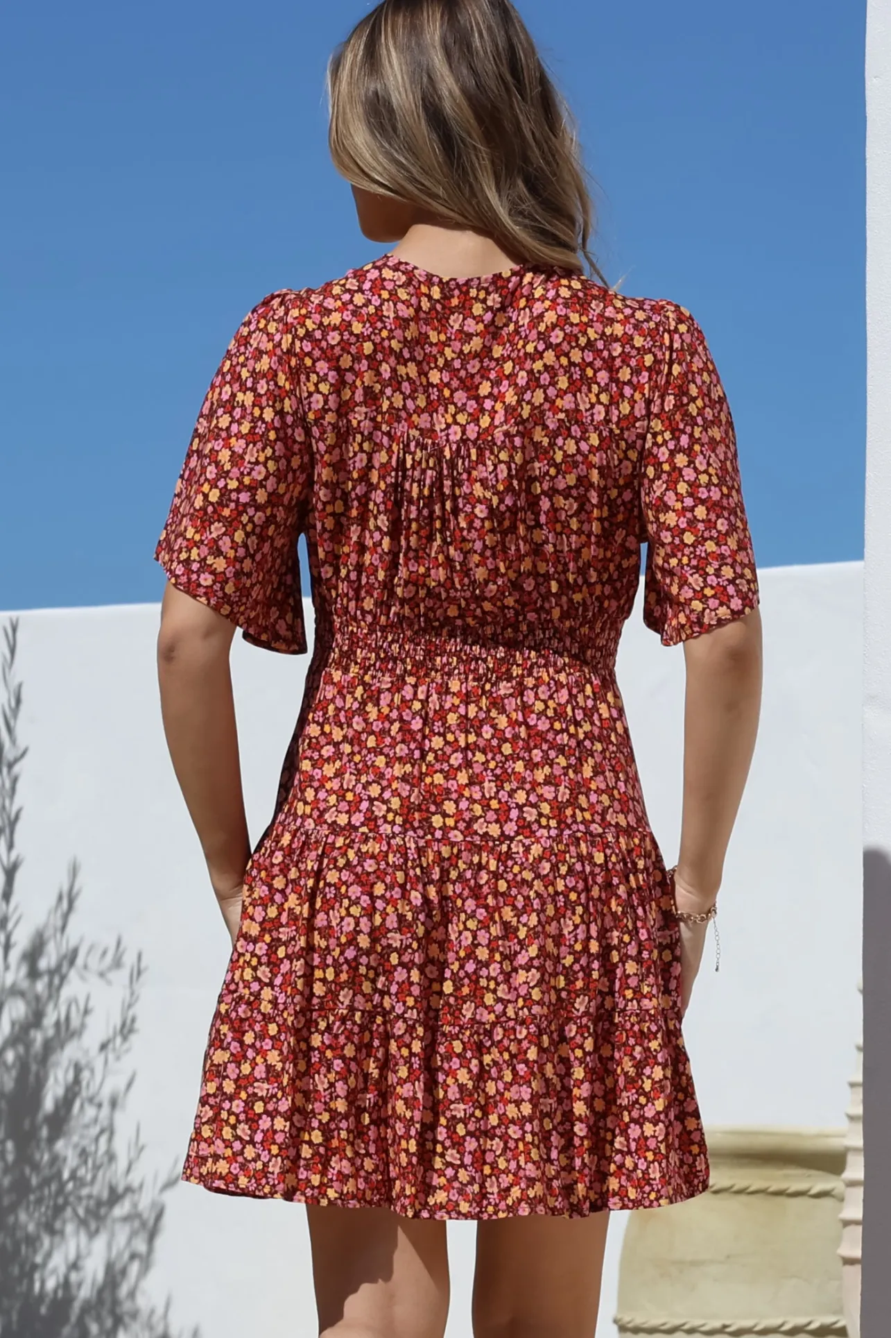 Sana Mini Dress - Bell Sleeve Button Down V Neck Dress in Rosina Print>Salty Crush Online