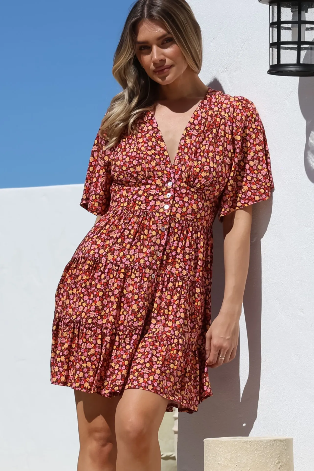 Sana Mini Dress - Bell Sleeve Button Down V Neck Dress in Rosina Print>Salty Crush Online