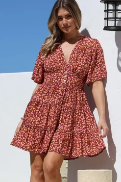Sana Mini Dress - Bell Sleeve Button Down V Neck Dress in Rosina Print><noscript><img width=