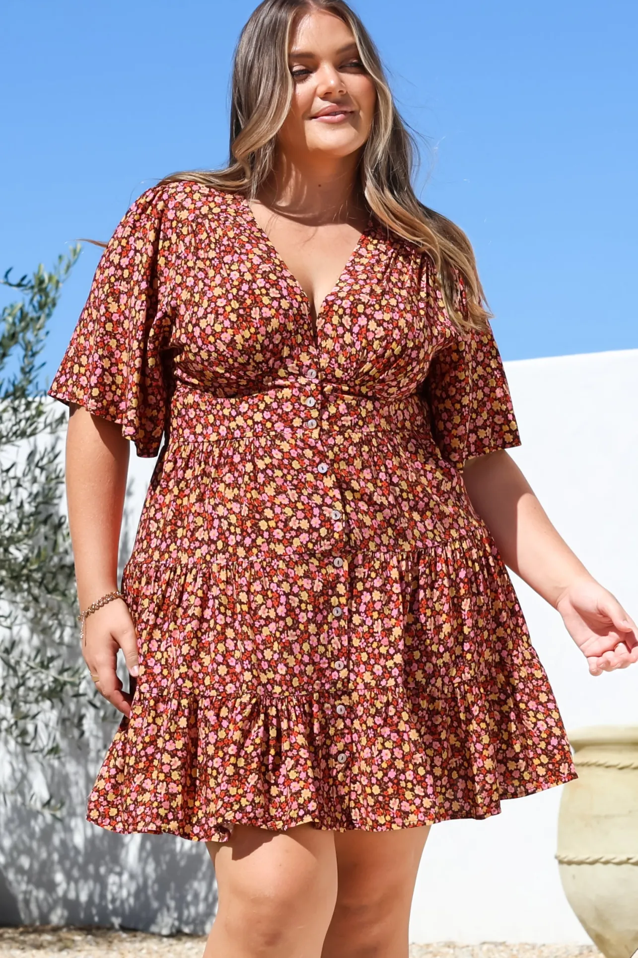 Sana Mini Dress - Bell Sleeve Button Down V Neck Dress in Rosina Print>Salty Crush Online