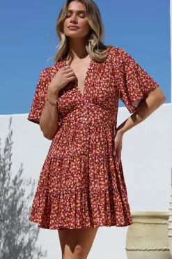Sana Mini Dress - Bell Sleeve Button Down V Neck Dress in Rosina Print><noscript><img width=