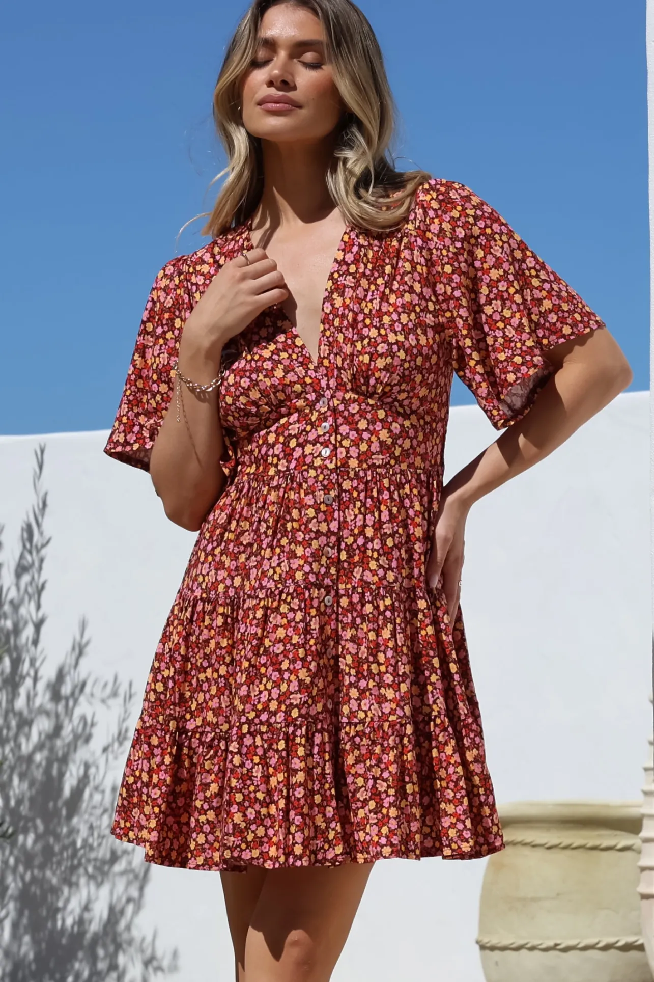 Sana Mini Dress - Bell Sleeve Button Down V Neck Dress in Rosina Print>Salty Crush Online