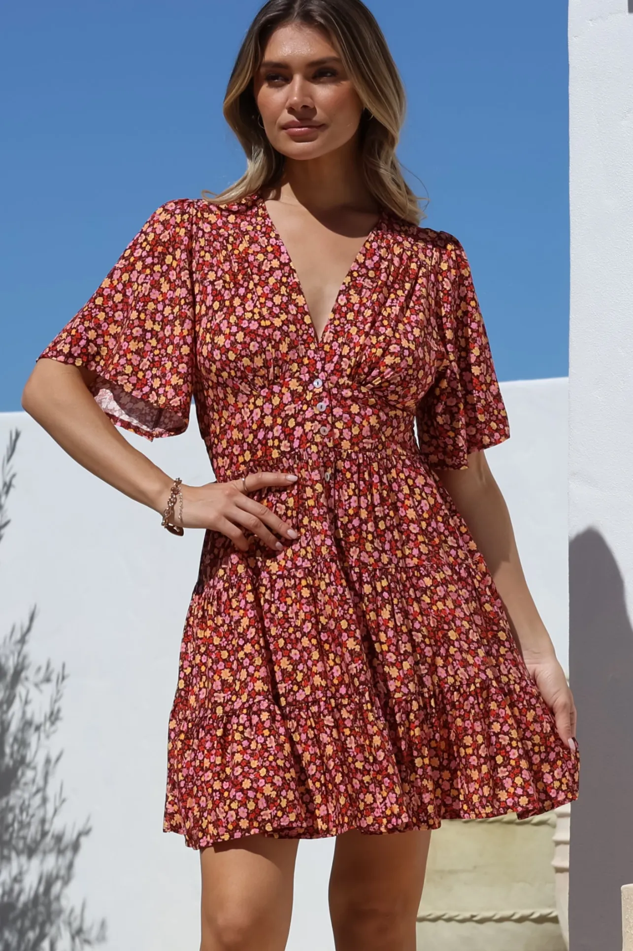 Sana Mini Dress - Bell Sleeve Button Down V Neck Dress in Rosina Print>Salty Crush Online