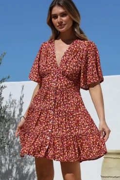 Sana Mini Dress - Bell Sleeve Button Down V Neck Dress in Rosina Print><noscript><img width=
