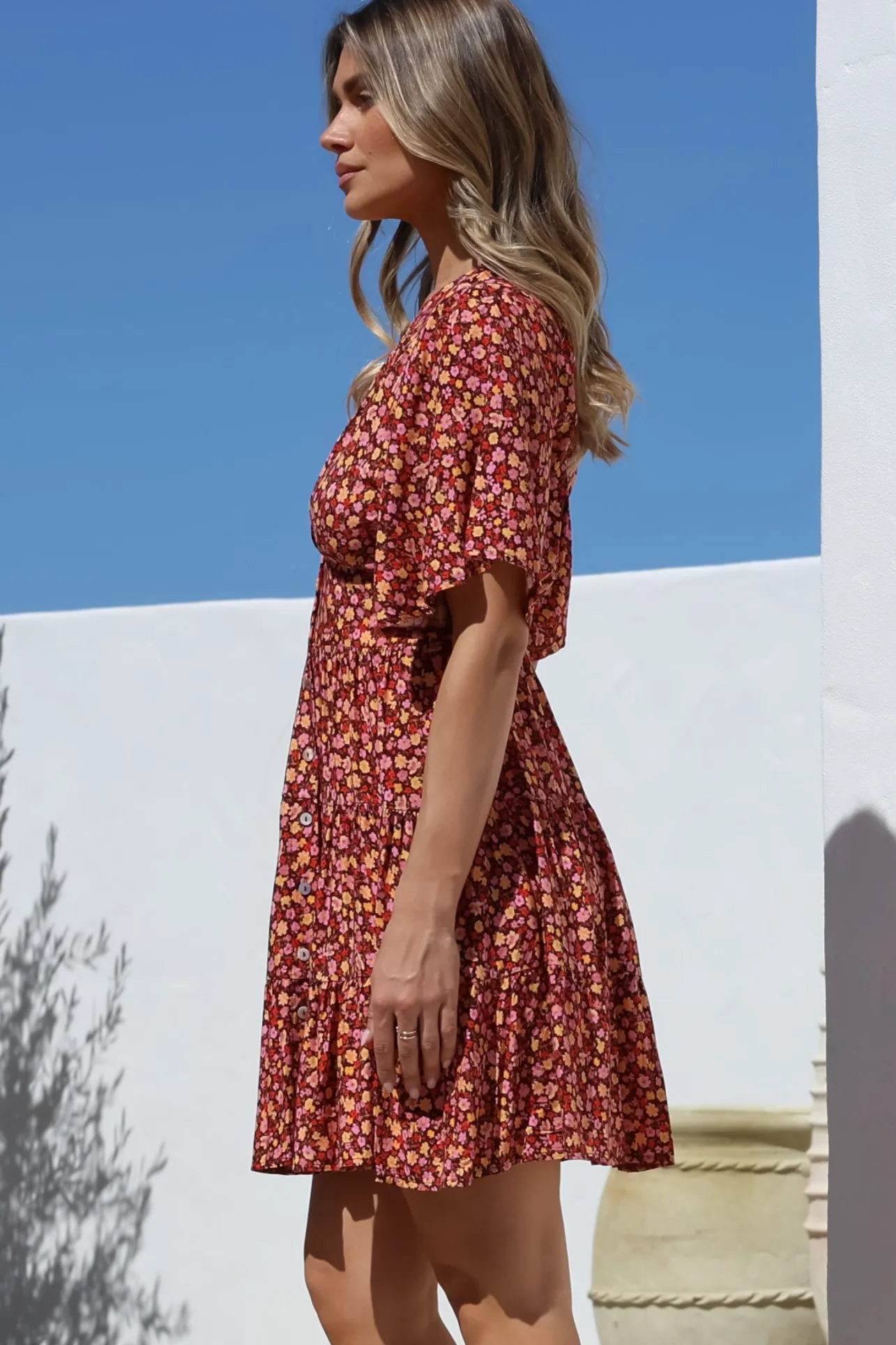 Sana Mini Dress - Bell Sleeve Button Down V Neck Dress in Rosina Print>Salty Crush Online