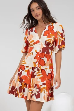 Sana Mini Dress - Bell Sleeve Button Down V Neck Dress in Tangie Print>Salty Crush Online