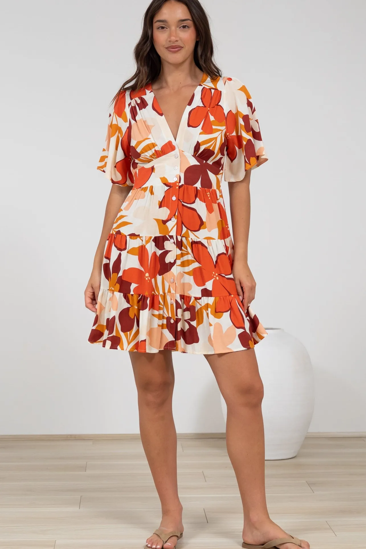 Sana Mini Dress - Bell Sleeve Button Down V Neck Dress in Tangie Print>Salty Crush Online