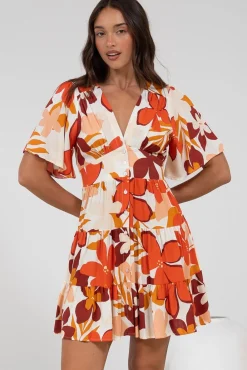Sana Mini Dress - Bell Sleeve Button Down V Neck Dress in Tangie Print><noscript><img width=