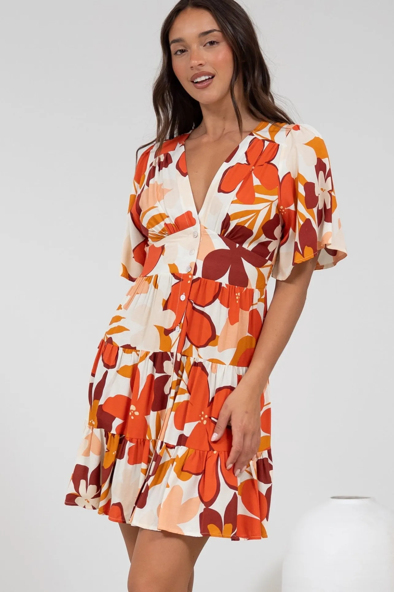 Sana Mini Dress - Bell Sleeve Button Down V Neck Dress in Tangie Print>Salty Crush Online