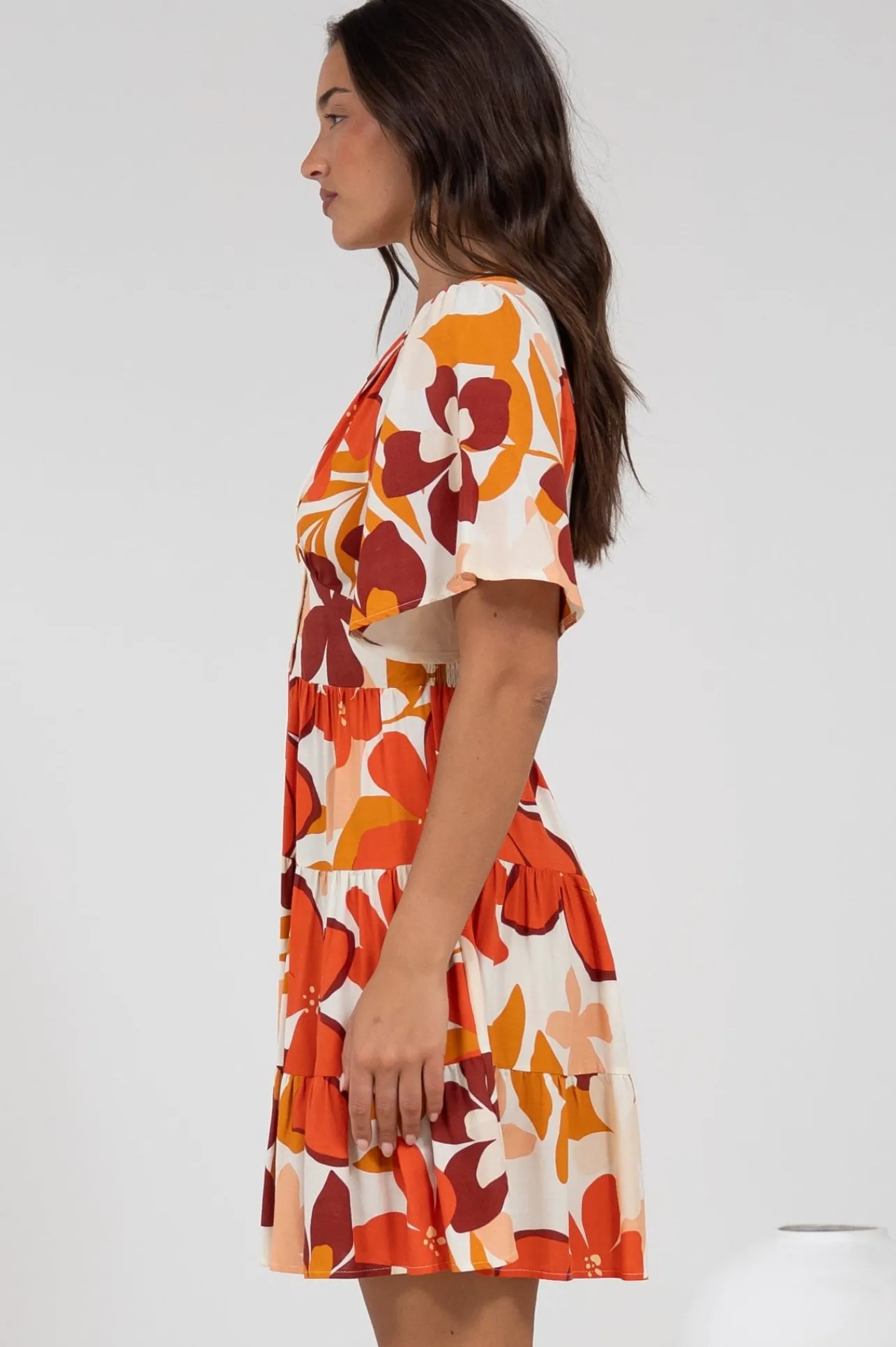 Sana Mini Dress - Bell Sleeve Button Down V Neck Dress in Tangie Print>Salty Crush Online