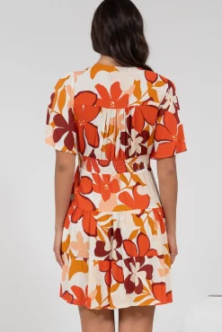Sana Mini Dress - Bell Sleeve Button Down V Neck Dress in Tangie Print><noscript><img width=