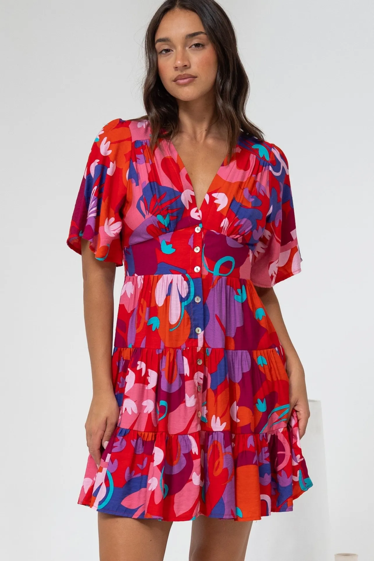 Sana Mini Dress - Bell Sleeve Button Down V Neck Dress in Talina Print>Salty Crush Hot