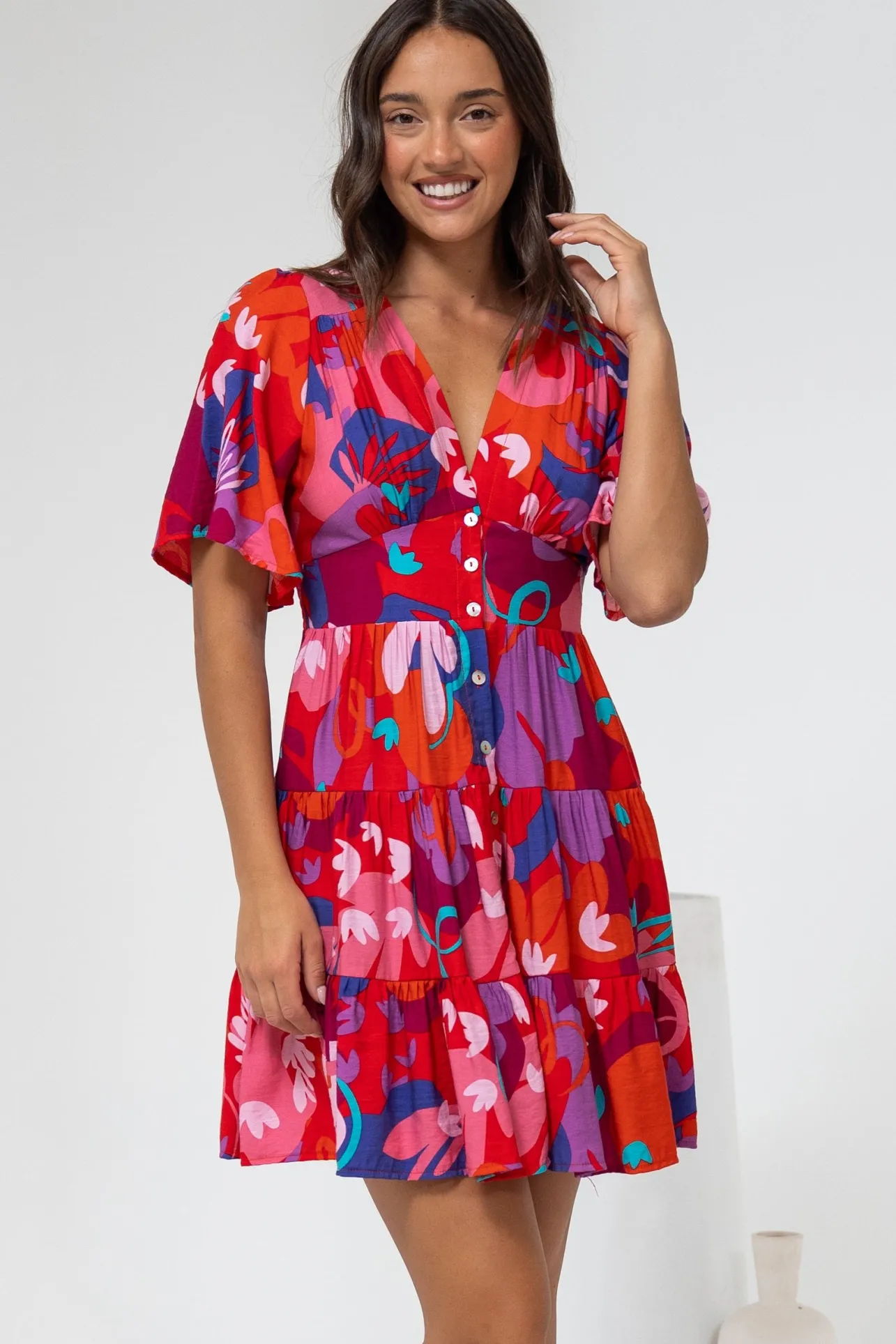 Sana Mini Dress - Bell Sleeve Button Down V Neck Dress in Talina Print>Salty Crush Hot