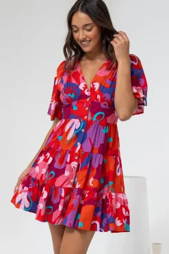 Sana Mini Dress - Bell Sleeve Button Down V Neck Dress in Talina Print><noscript><img width=