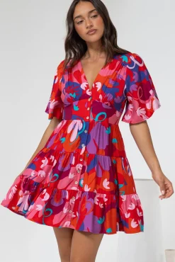 Sana Mini Dress - Bell Sleeve Button Down V Neck Dress in Talina Print><noscript><img width=