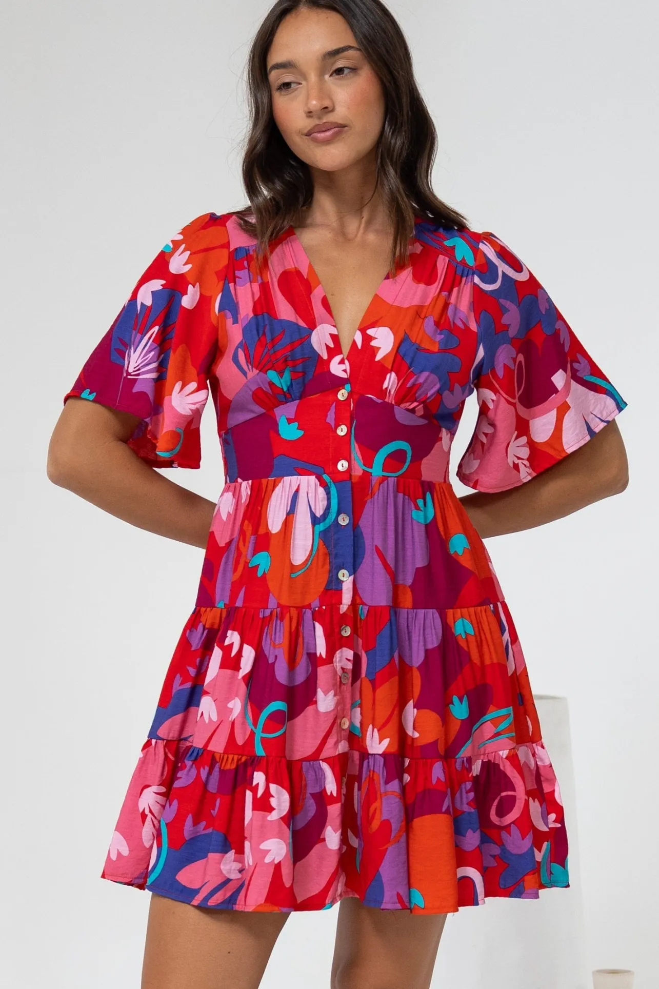 Sana Mini Dress - Bell Sleeve Button Down V Neck Dress in Talina Print>Salty Crush Hot