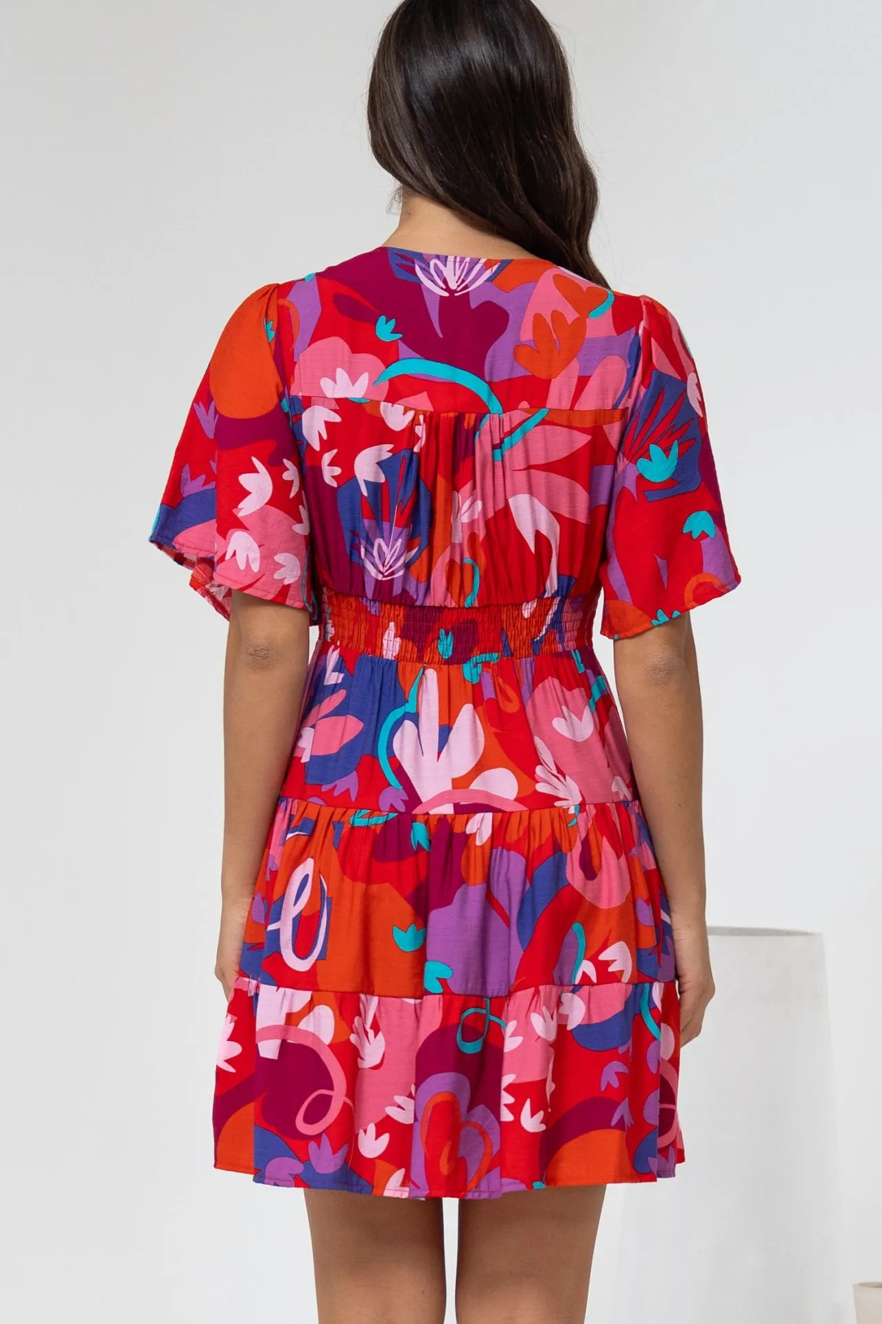 Sana Mini Dress - Bell Sleeve Button Down V Neck Dress in Talina Print>Salty Crush Hot
