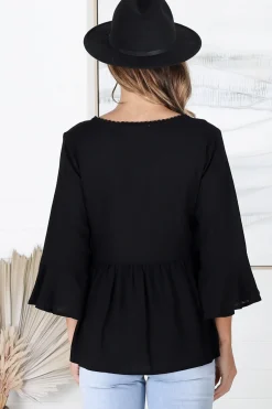 Sandy Top - Crochet Neckline Buttoned Bodice Flare Sleeve Smock Top in Black><noscript><img width=