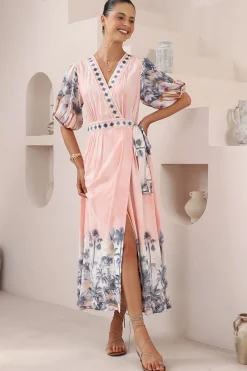Sansa Midi Dress - V-Neck Wrap Dress with Short Balloon Sleeves in Armena Print>Salty Crush New