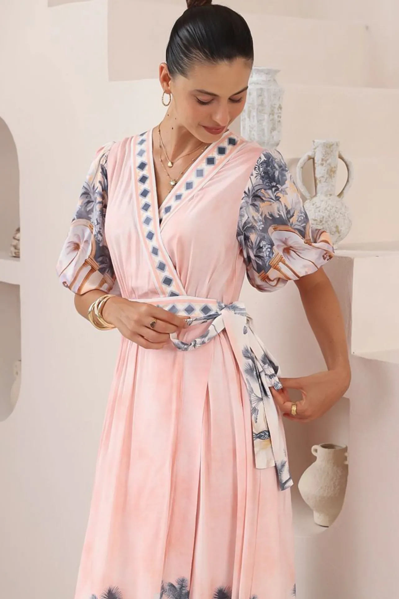 Sansa Midi Dress - V-Neck Wrap Dress with Short Balloon Sleeves in Armena Print>Salty Crush New