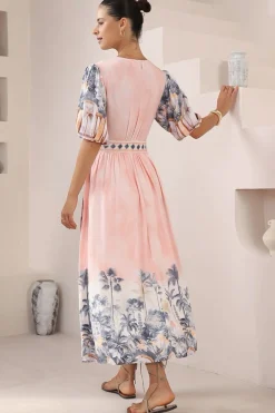 Sansa Midi Dress - V-Neck Wrap Dress with Short Balloon Sleeves in Armena Print><noscript><img width=