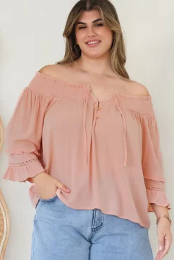 Sarah Top - Off Shoulder Ruffled Sleeve Top in Blush>Salty Crush Online