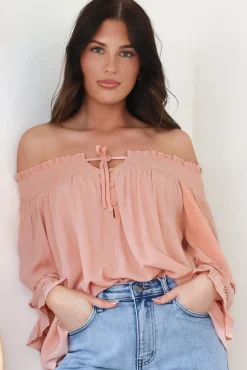 Sarah Top - Off Shoulder Ruffled Sleeve Top in Blush><noscript><img width=