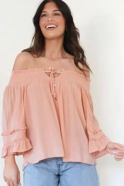 Sarah Top - Off Shoulder Ruffled Sleeve Top in Blush><noscript><img width=